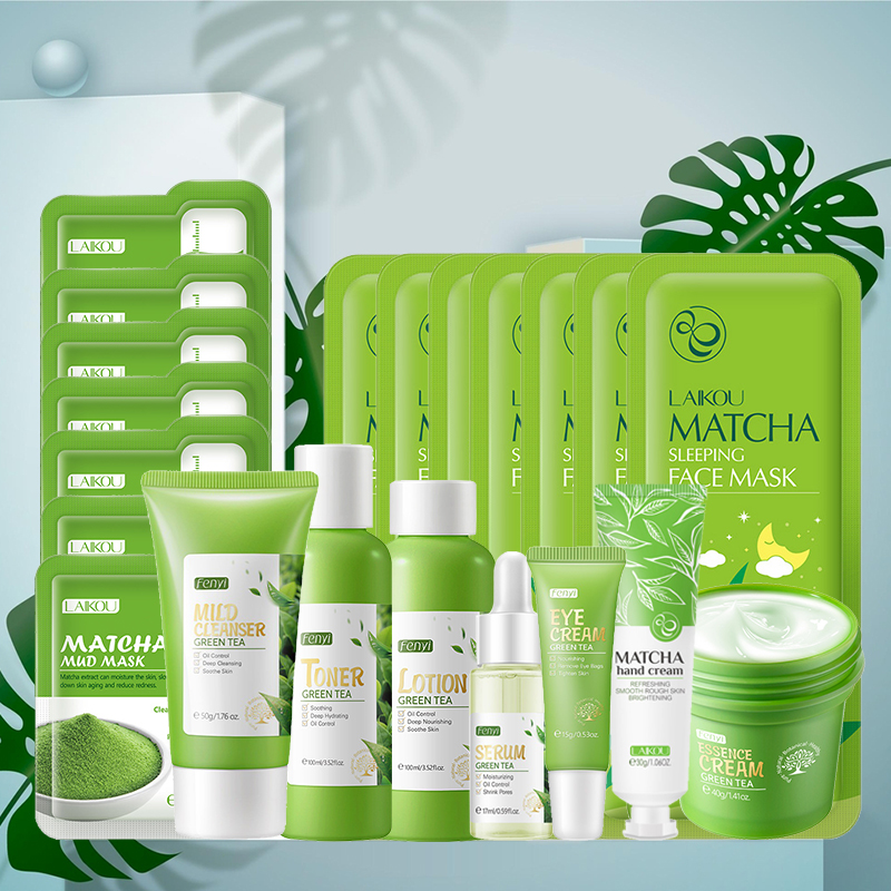Korean Skincare Routine - Grüntee-Hautpflege-Set Koreanische Kosmetik Feuchtigkeitsspendende Peeling-Gesichtspflege-Set für