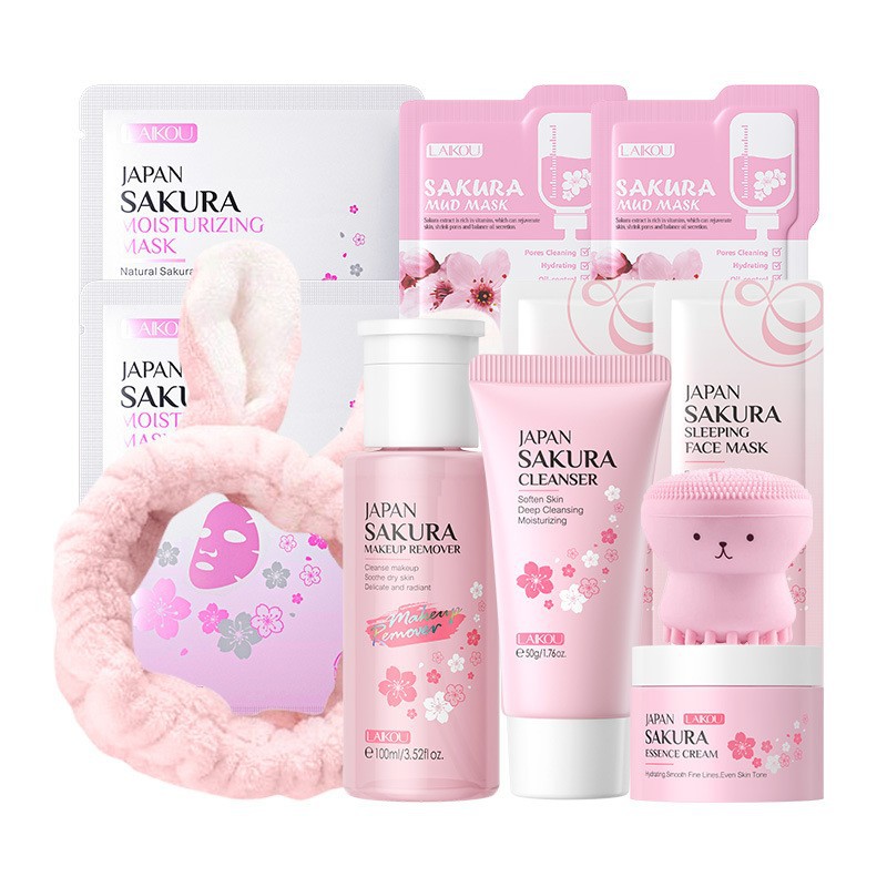Korean Skincare Routine - Koreanisches Sakura-Hautpflege-Set, Feuchtigkeit, befeuchtet, reinigt Poren,